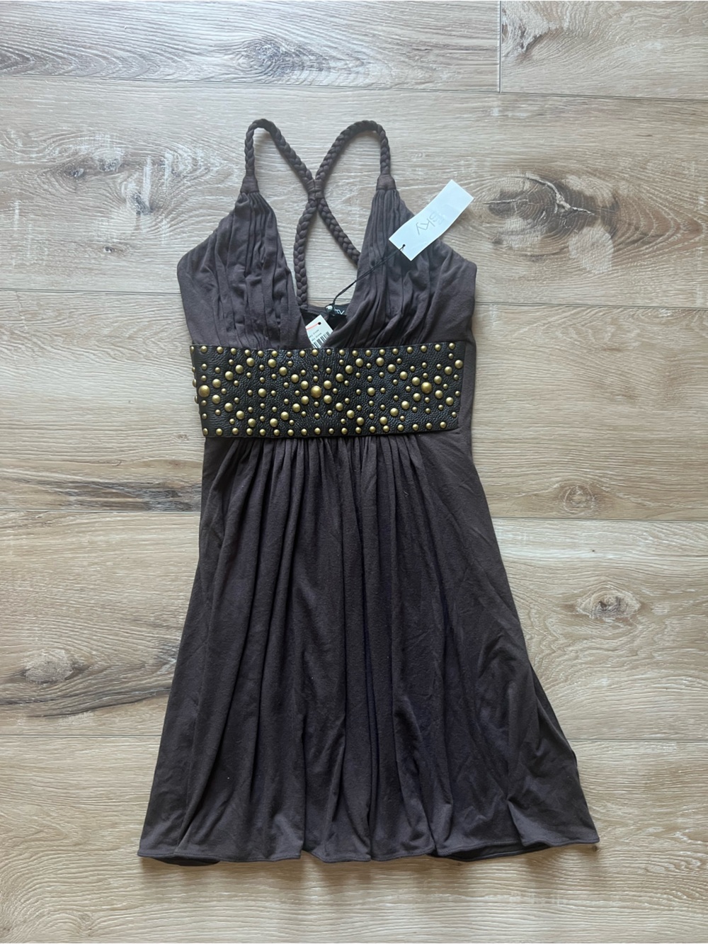 SKY NWT Brown Dress with Gold-Studded Waistband Size S